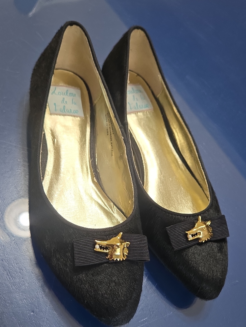 Loulou de la Falaise Vintage Black Pony Hair Gold Fox Bow Flats 7M